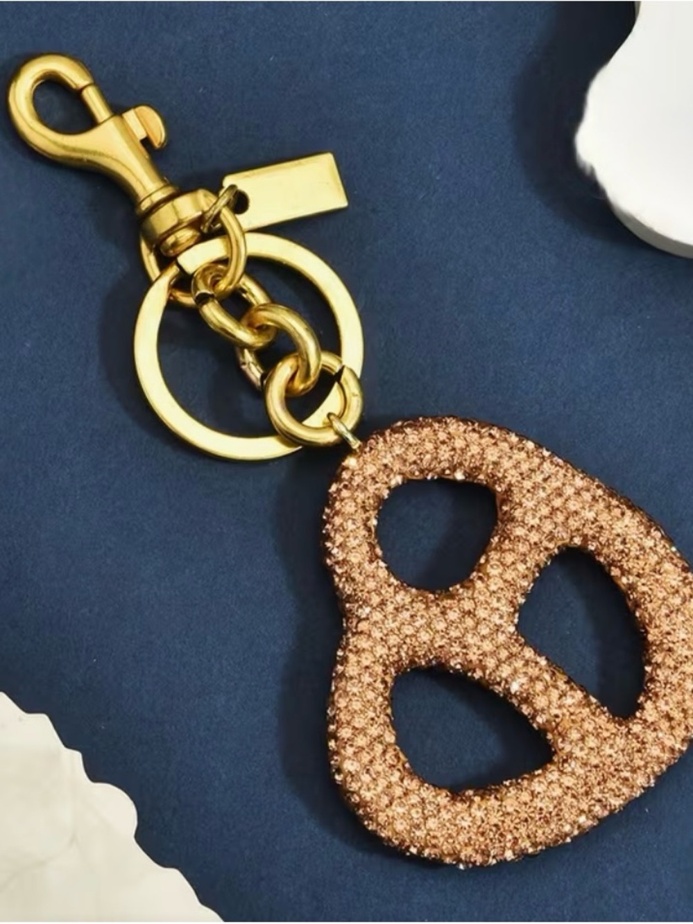 Gold-Tone Clip Keychain with Rose Gold Glitter Pretzel Charm